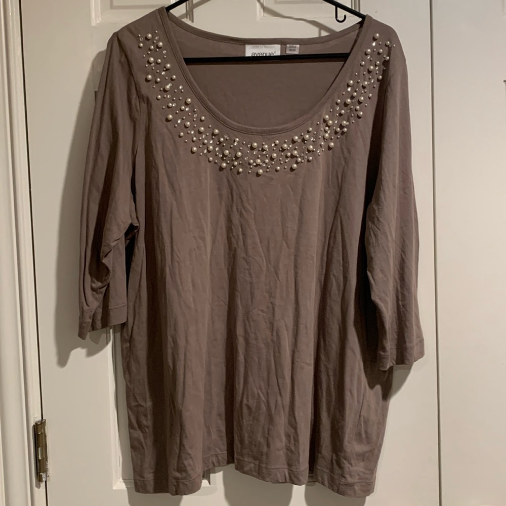 Women’s Taupe Top with a Pearl and Bling Accented Neckline